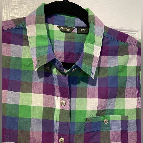 Eddie Bauer Size S Cotton Roll Tab Sleeve Button Down Shirt Green Purple Check - Picture 4 of 12